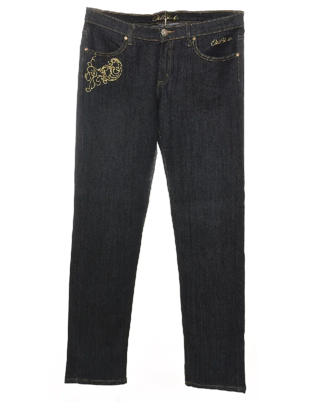 Breathable Comfort Black Embroidered Y2K Style Jeans - W34 L30