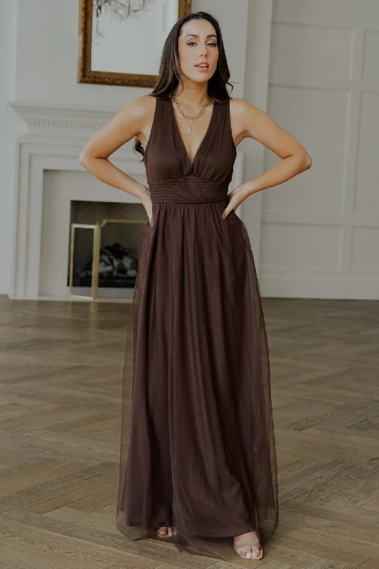 Sports Style Kamila Tulle Maxi Dress | Espresso