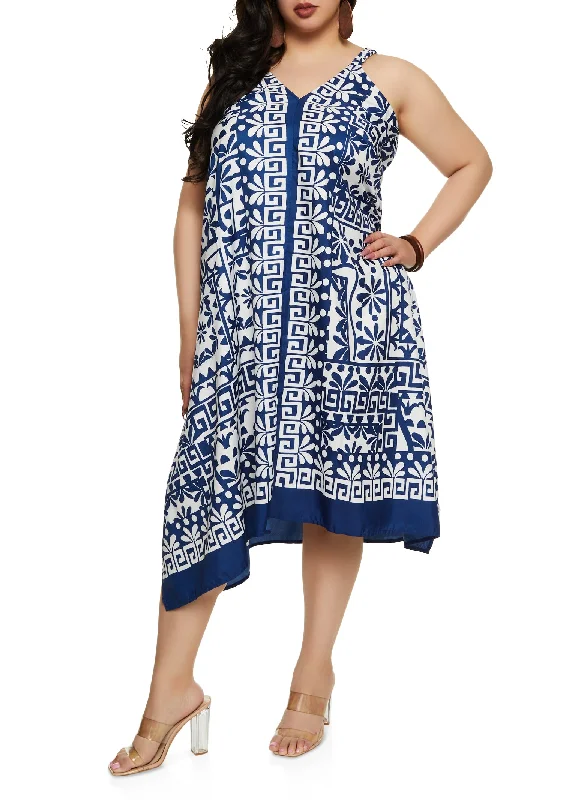 Simple Elegance Plus Size Border Print V Neck Maxi Dress