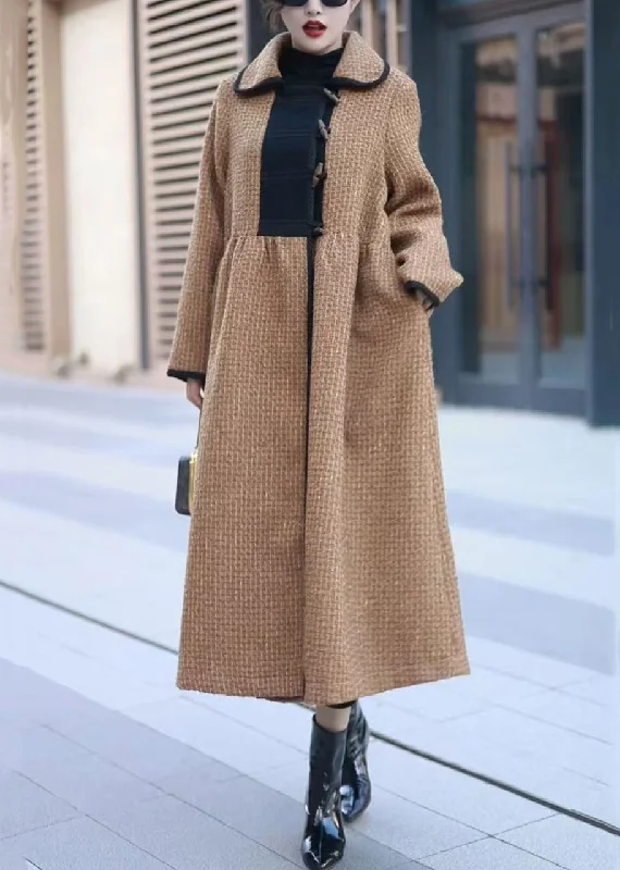 Easy Style New Khaki Button Pockets Patchwork Woolen Long Coat Winter