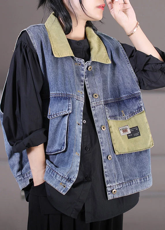 Modern Comfort Boutique Blue Peter Pan Collar Patchwork Print Denim Waistcoat Fall