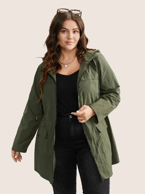 Everyday Style Plain Hooded Drawstring Gathered Zipper Jacket