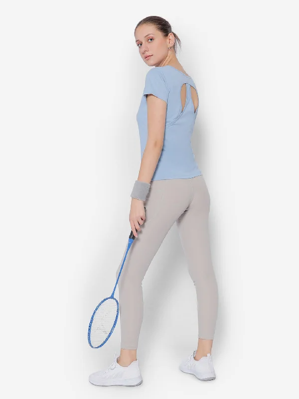 Trendy Wear JUMP USA Yoga Blue Women Solid Rapid Dry Cut Out Sustainable T-shirt