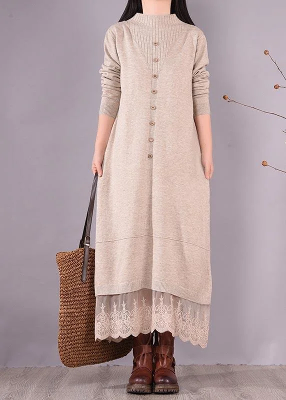 Soft Fabrics French O Neck Patchwork Lace Spring Clothes For Women Sewing Beige Robe Dresses