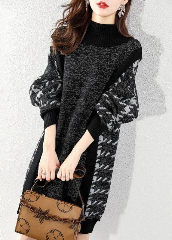 Effortless Dressing Women Black O-Neck Patchwork Knit Sweater Dress Winter