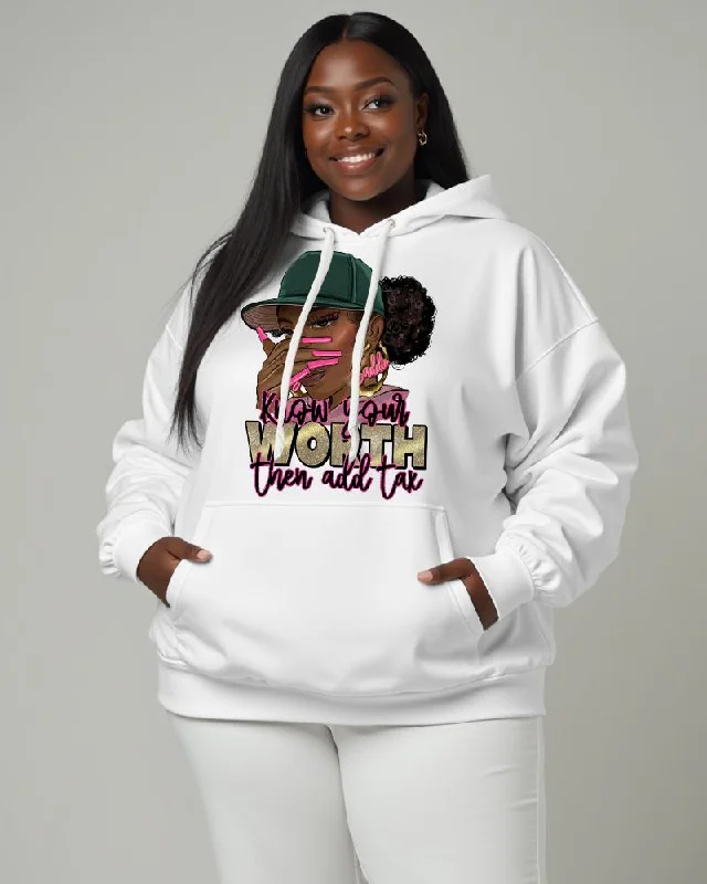 Cozy Dress Women's Black Girl Slogan Know Your Worth Then Add Tax Pocket Long Sleeve Hoodie