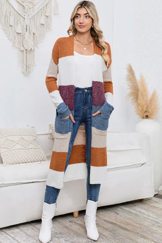All-Day Wear Long Color Block Open Front Pocketed Cardigan