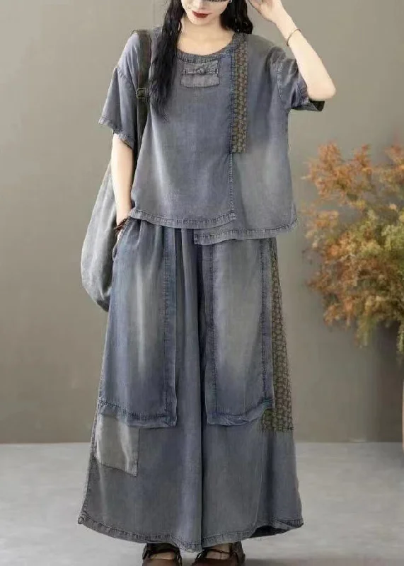 Casual Chic Wear New Blue Pockets T Shirt And Wide Leg Pants Denim Two Pieces Set Summer