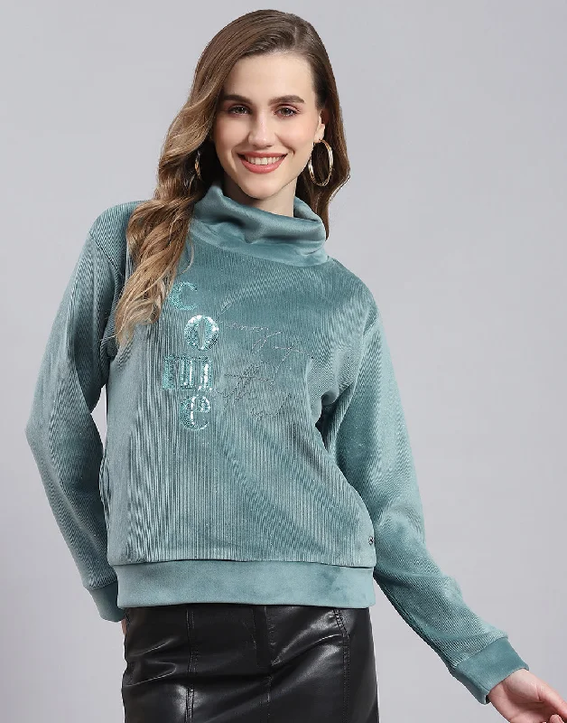 Effortless Comfort Women Teal Blue Embroidered Round Neck Full Sleeve Sweatshirt