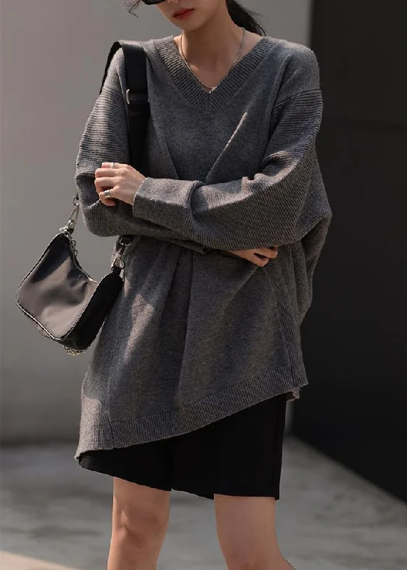 Comfortable Tops Women fall dark gray sweaters oversized v neck Blouse