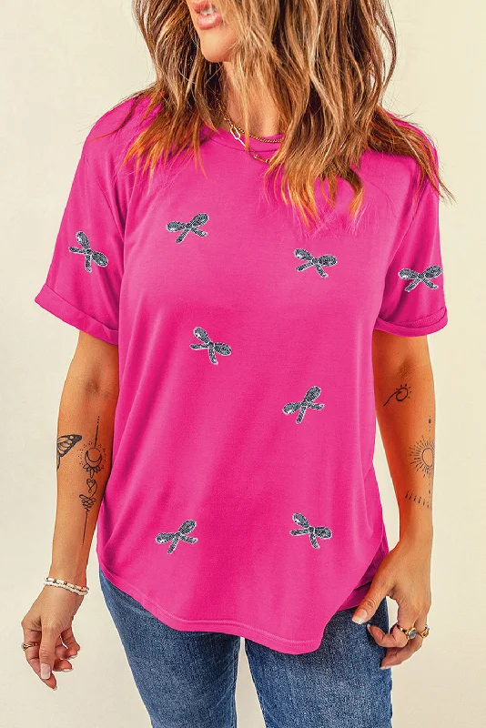 Fashion Must-have Sequin Bow Round Neck Short Sleeve T-Shirt