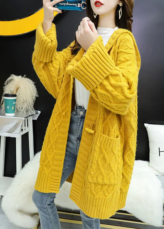 Relaxed Style Vintage Yellow hooded Pockets Loose Fall Knit Sweater Coat