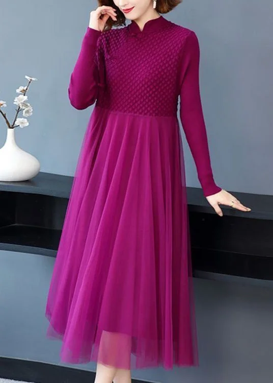 Cozy Layers Loose Rose Button Tulle Patchwork Long Sweater Dress Fall