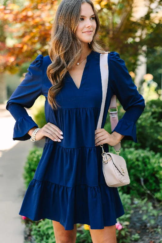 Cozy Layers In Your Happy Place Navy Blue Dress
