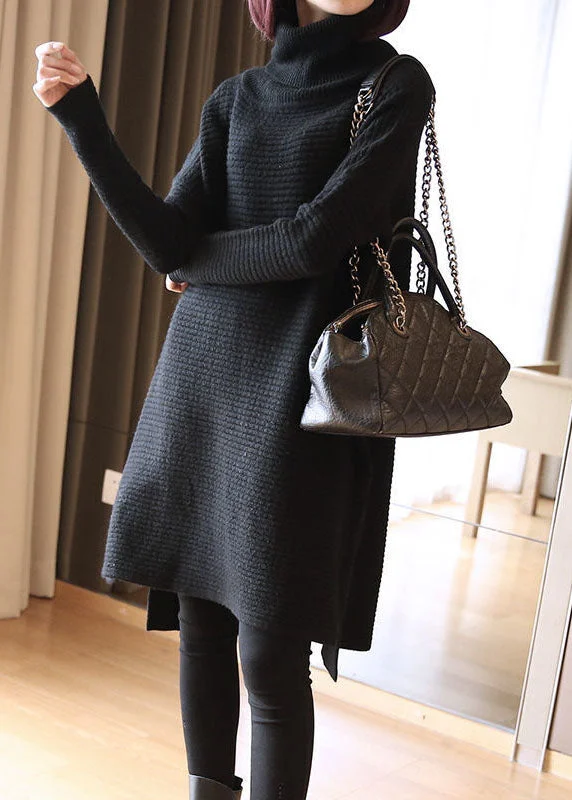 Soft Touch Black Loose Knit Long Sweater Turtle Neck Side Open Spring