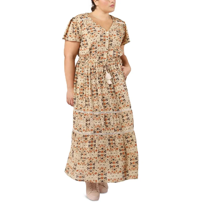 Simple Comfort Black Tape_ Womens Plus Tea Length Floral Print Maxi Dress