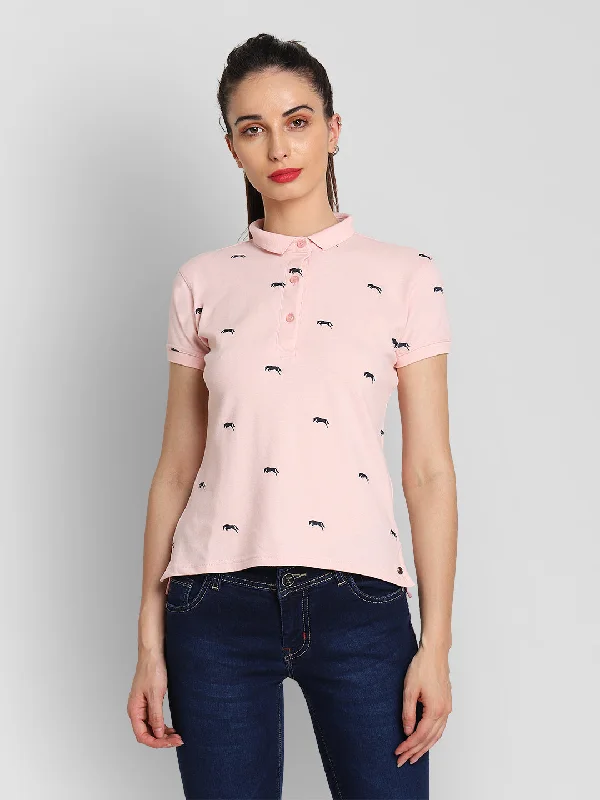 Casual Wear JUMP USA Women Pink & Navy Blue Printed Polo Collar T-Shirt