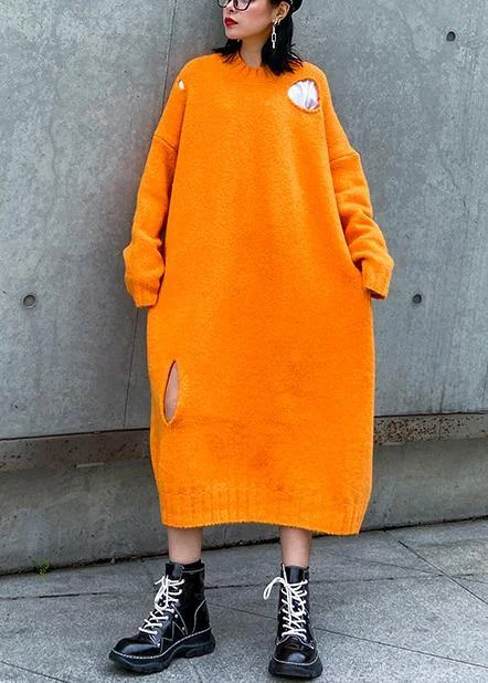 Versatile Style Winter orange Sweater knit dress Street Style o neck Hole Largo sweater dress