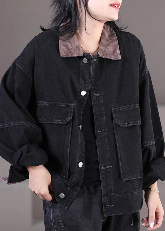 Soft Comfort Fashion Black Peter Pan Collar Corduroy Patchwork Button Denim Coats Fall