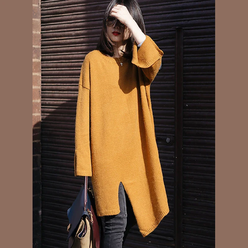 Cozy Sweaters Vintage Sweater weather Street Style o neck spring yellow Ugly knit dress side open Cozy Sweaters Vintage Sweater weather Street Style o neck spring yellow Ugly knit dress side open
