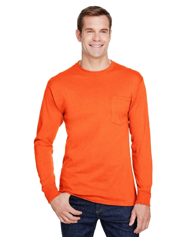Luxe Comfort Hanes Workwear Long Sleeve Pocket T-Shirt | Safety Orange