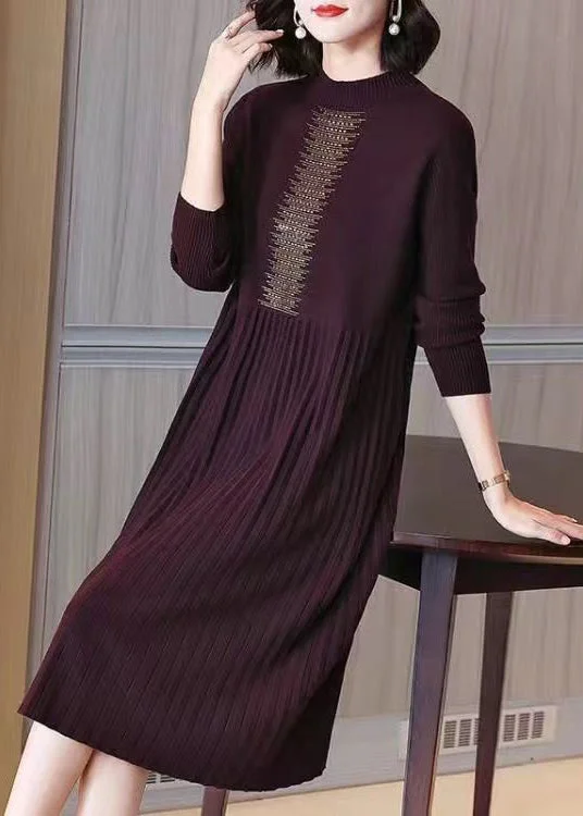 Easy Chic Loose Wine Red Zircon Wrinkled Cotton Knit Dress Long Sleeve