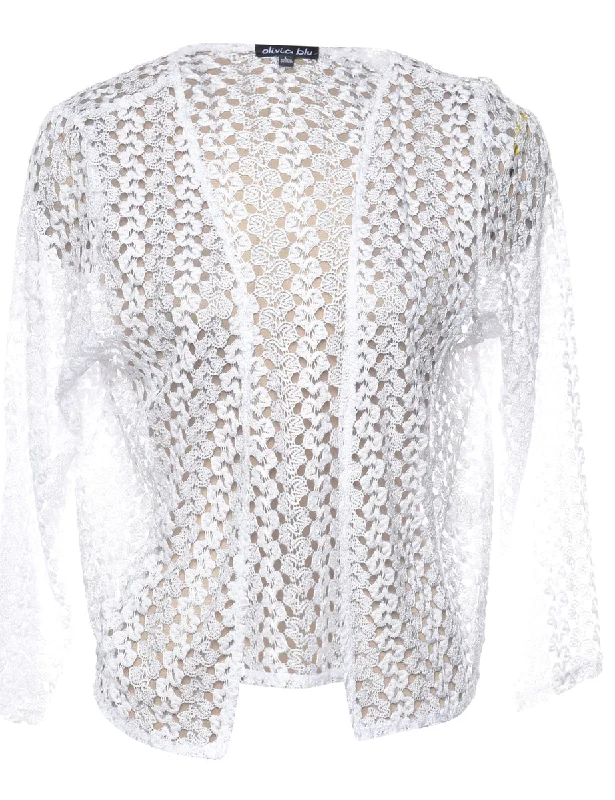 Layered Style White Three-Quarter Sleeve Crochet Jacket - M