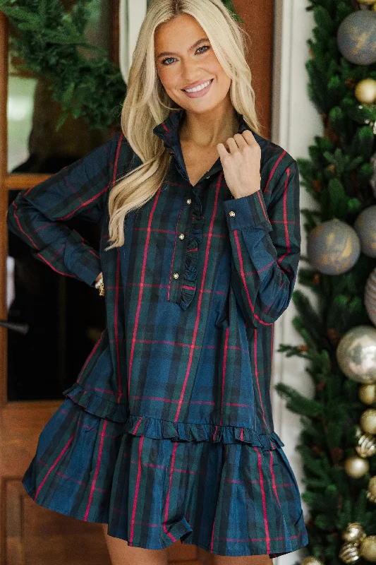 Cozy Dress Looking For You Navy Plaid Babydoll Dress