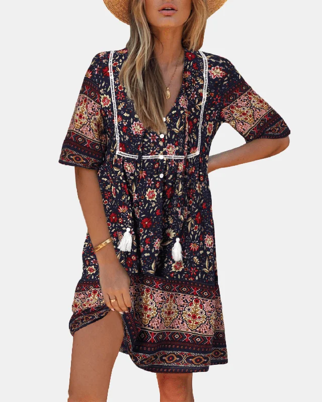 Simple Style Bohemian Floral Print V-Neck Short Sleeve Mini Dress