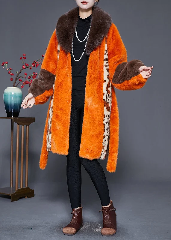 Chic Outfits Classy Orange Fur Collar Patchwork Leopard Faux Fur Coat Winter