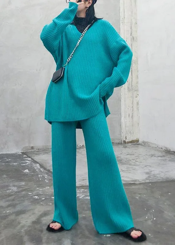 Chic Lounge Autumn and winter suit 2024 new women's fashion knitted wide leg pants blue green two piece Chic Lounge Autumn and winter suit 2024 new women's fashion knitted wide leg pants blue green two piece