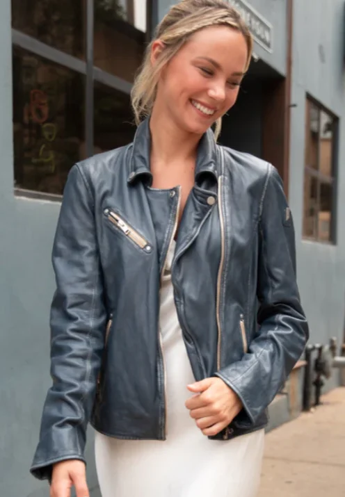 Effortless Elegance Women's Mauritius Sofia Denim Blue Leather Jacket
