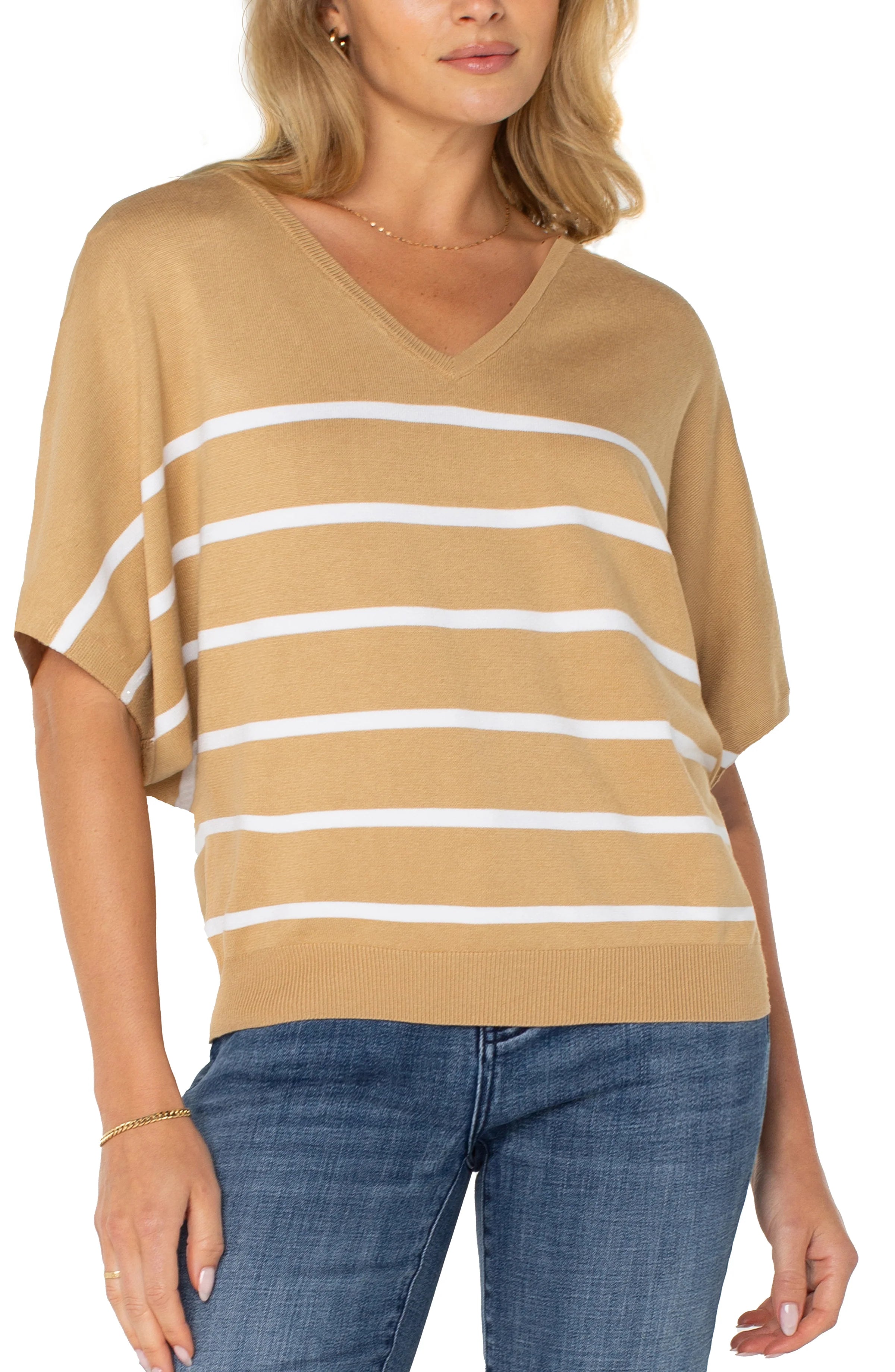 Basic Comfort Liverpool Short Sleeve Dolman V-Neck Sweater Tan/White