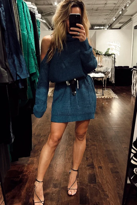 Modern Chic Jeni Teal Mini Sweater Dress