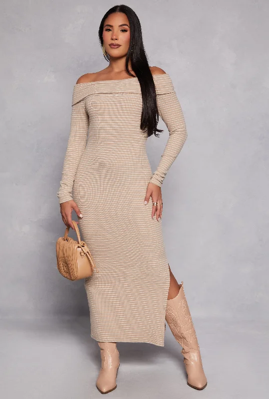 Comfortable Tops Almost Famous Striped Off the Shoulder Maxi Dress