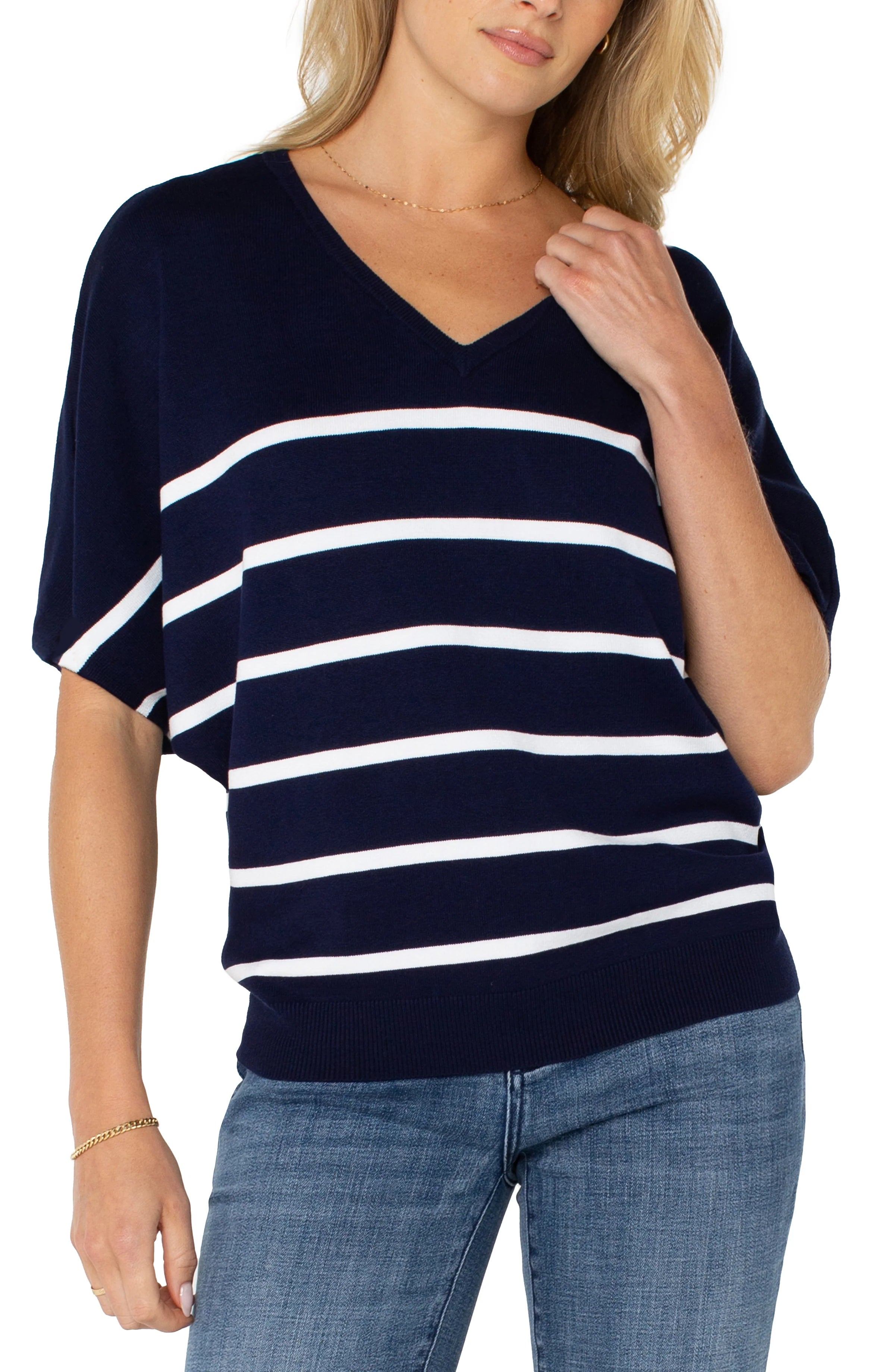 Soft Wear Liverpool Short Sleeve Dolman V-Neck Sweater Navy/White