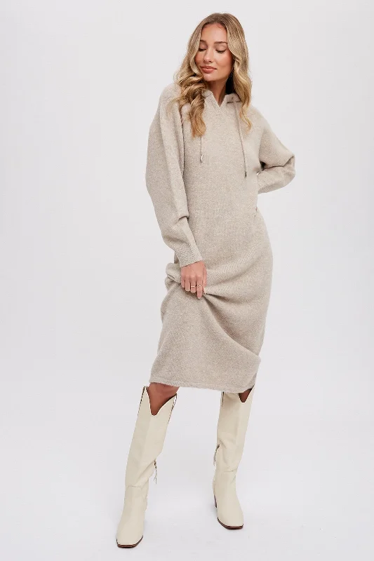 Luxe Comfort Beige Hooded Sweater Midi Dress