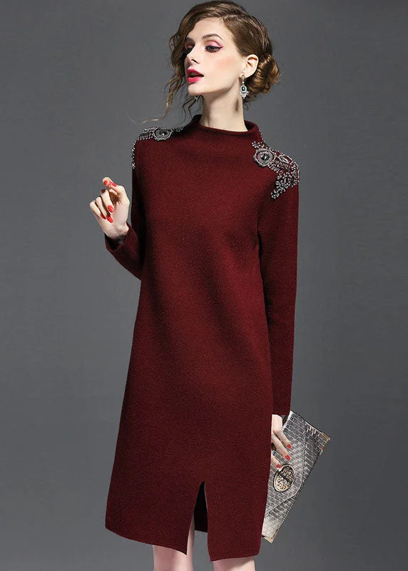 Relaxed Dresses Chic Mulberry Turtle Neck Side Open Knit Sweater Dress Long Sleeve