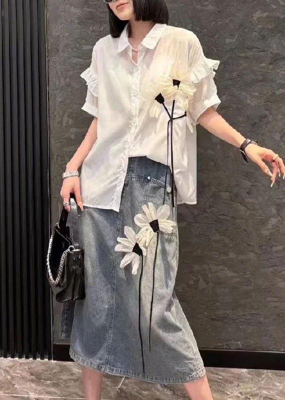Comfortable Looks Modern White Peter Pan Collar Floral Shirts And Denim Skirts Two Pieces Set Short Sleeve