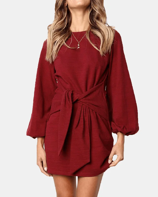 Trendy Looks Women Long Sleeve round Neck Elegant Tie Waist Sweater Mini Dress