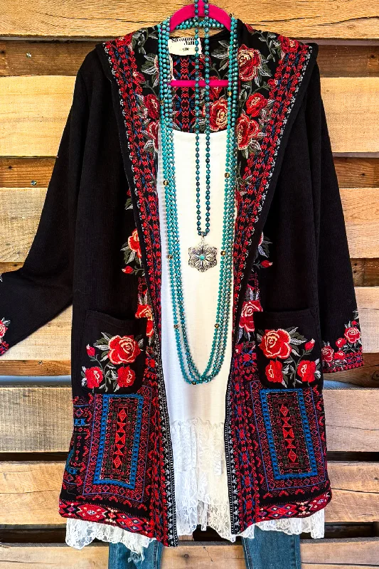 Free Design Courts Of Roses Fully Embroidered Hooded Duster  - Black
