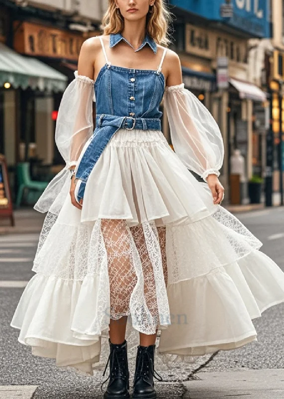 Simple Elegance Stylish Cinched Patchwork Denim Organza Spaghetti Strap Dress Summer