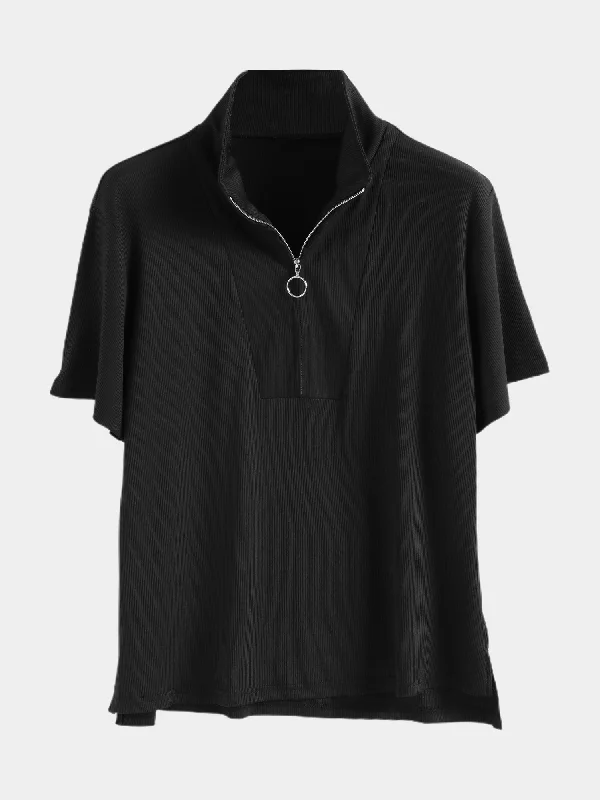 Stylish Ease Midsize Ribbed Half-Zip Top with Side Split