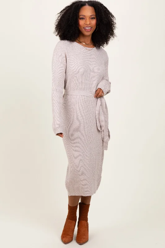 Stylish Wear Taupe Waffle Knit Sash Tie Midi Sweater Dress