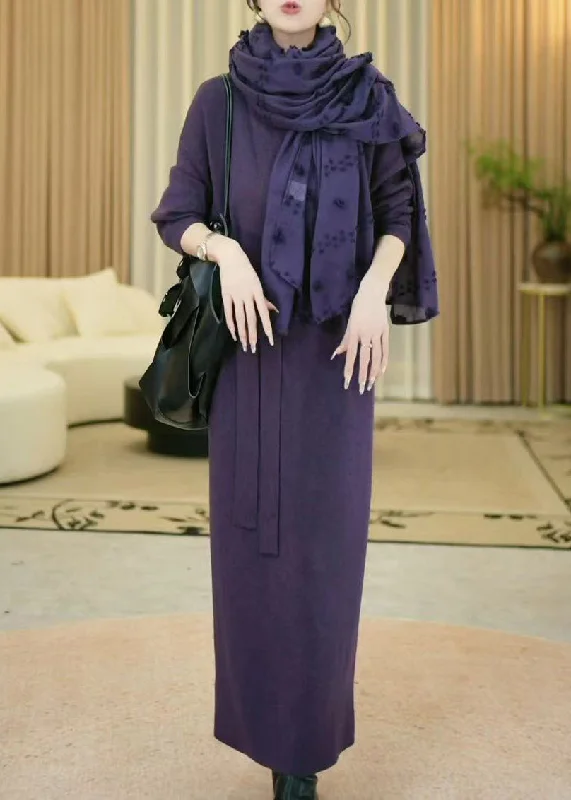 Cozy Shirts Elegant Purple V Neck Cozy Knit Long Sweater Winter