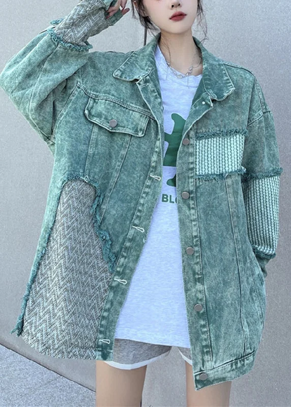 Relaxed Dresses Fashion Green Peter Pan Collar Patchwork Denim Jacket Fall