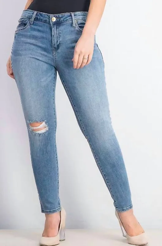 Simple Elegance Emma 9" Distressed Mid Rise Ankle Skinny Jeans In Blue