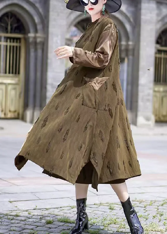 Sporty Elegance Italian Khaki V Neck Pockets Patchwork Trench Coat Spring