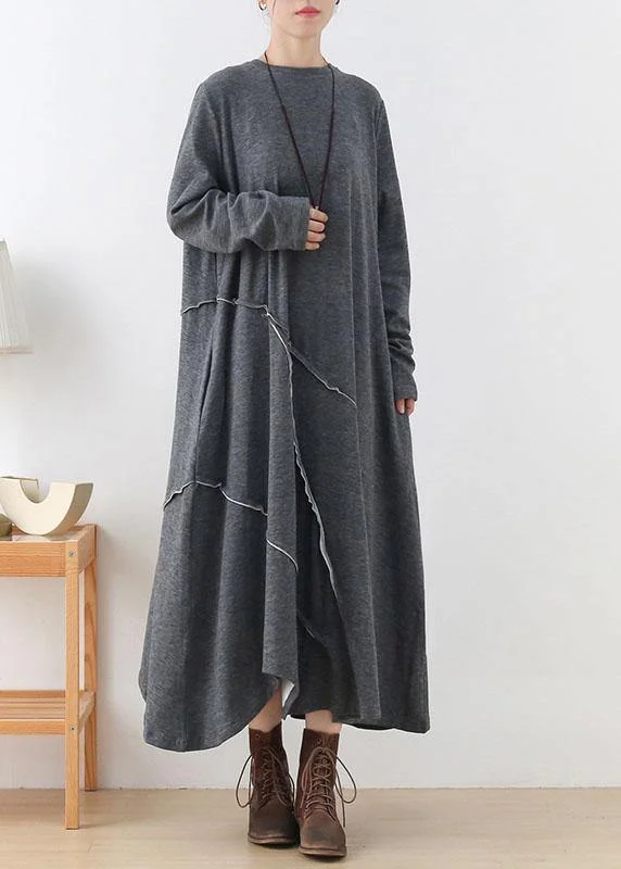 Timeless Comfort Handmade Grey Loose Asymmetrical Design Fall Long Sleeve Holiday Dress