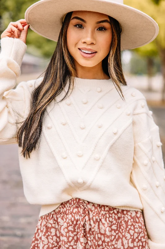 Daily Comfort Simple Love Ivory White Pompom Sweater
